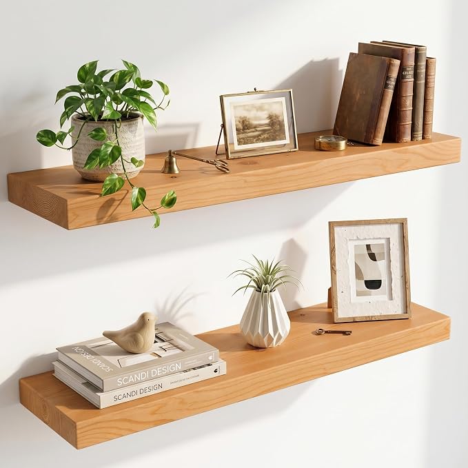 30 inch Floating Shelves for Wall, High End Solid Real Wood Floating Shelf with Heavy Duty Invisible Bracket 30in Long Wooden Wall Shelves for Living Room, Bedroom, Kitchen, Bathroom, Set of 2,Natural
