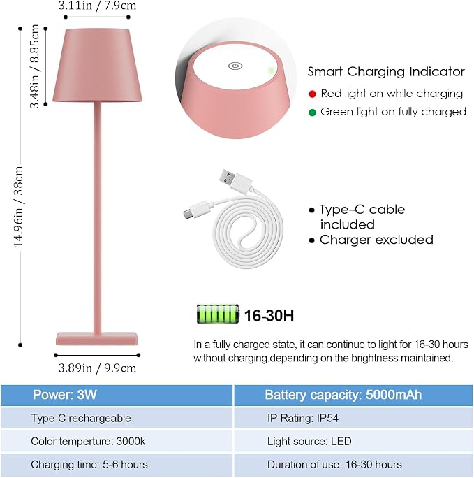2-Pack LED Cordless Table Lamp, Rechargeable Battery Desk lamp 5000mAh Battery Operated Stepless Dimming Modern Portable Table Light for Restaurant/Bedroom/Outdoor IP54 Waterproof (Pink)