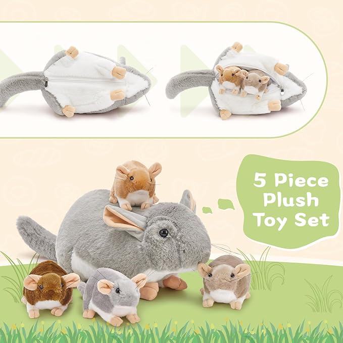 MorisMos 5Pcs Mouse Stuffed Animals, 19inch Mom Rat with 4 Babies Halloween Stuffed Mice Plush Gifts Kids, Boys, Girls