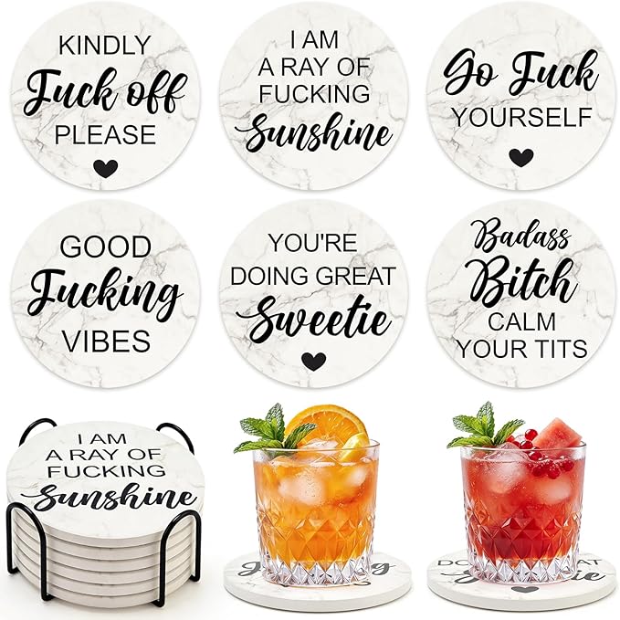 Funny Coasters with Holder Cool Gag Gifts for Adult Women Drink Fun Cup Coaster Set of 6 Coffee Table Bar Decor Unique Modern Coasters Man Cave Accessories Home Housewarming Gift Barsys Coster