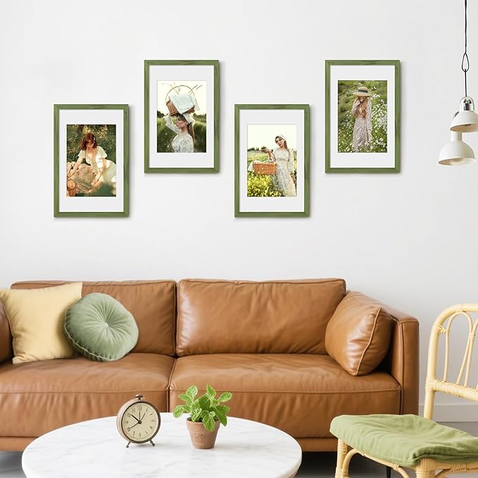 Picrit 11x17 Picture Frame Set of 12, Display 8x12 with Mat or 11x17 without Mat, Photo Frames for Wall Mounting Display, Green Wood Grain