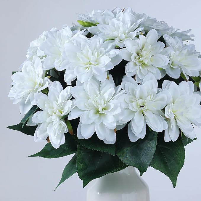 VIERENA 16 Bundles Artificial Dahlia Flowers for Outdoors Spring Summer Decor, No Fade Silk Flower Faux Dahlias Plant Arrangement for Home Garden Balcony Farmhouse（White）