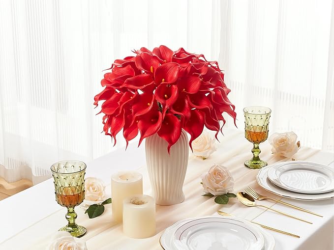 24 Pcs Red Artificial Calla Lily Flowers Fake Red Silk Flowers Real Touch for Wedding Bouquet Office Home Kitchen Decor