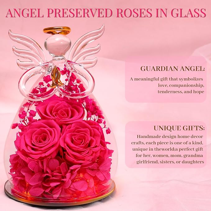 Beferr Mothers Day Mom Birthday Gifts for Women, Fresh Flowers for Delivery Forever Preserved Rose in Glass Angel Figurine, Anniversary Christian Real Rose for Grandma Nana Wife Mum from Daughter Son