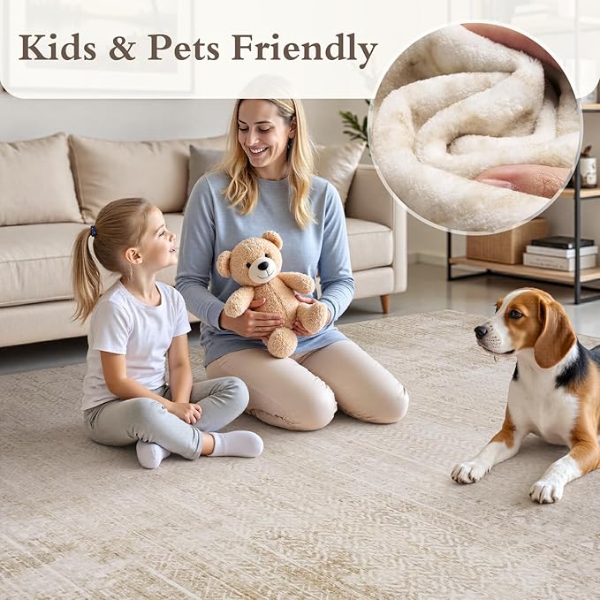 5x7 Area Rugs for Living Room Non Slip Machine Washable Rug Distressed Abstract Soft Indoor Carpet Neutral Boho Rug for Bedroom Dining Room Playroom Office, Beige