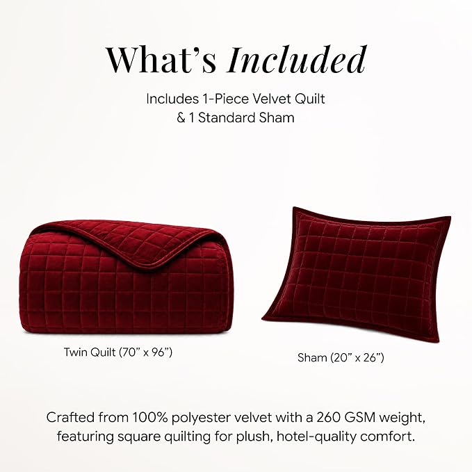 Tribeca Living Luxury Velvet Quilt Twin Size Set - 260GSM Ultra-Soft Oversized Velvet Bedspread Comforter Set with 1 Sham, in Florence Burgundy