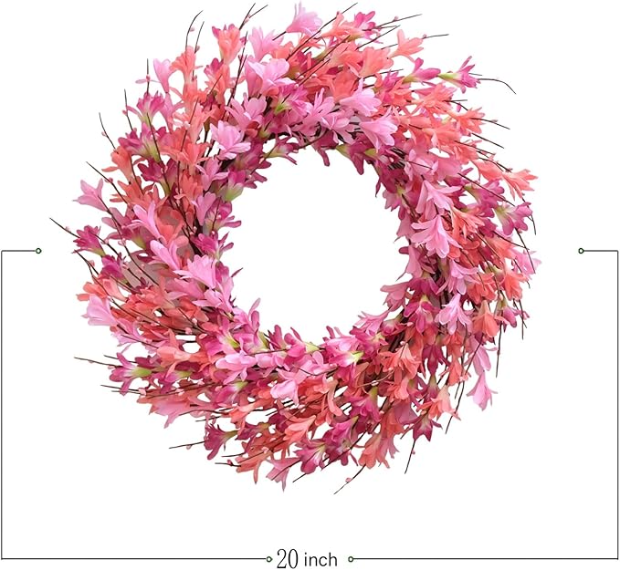 Bibelot 22inch Artificial Forsythia Flower Wreath Spring Summer Fall Wreath Silk Leaves for Front Door Decoration Porch Farmhouse Patio Garden Home Decor (Pink)