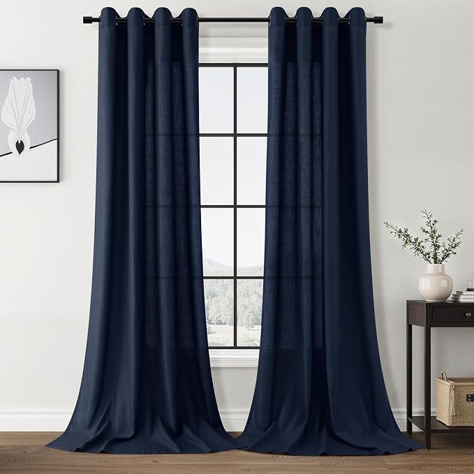 Navy Blue Linen Curtains 102 Inches Length for Living Room Extra Long Grommet Light Filtering Semi Sheer Privacy Bedroom Window Curtain Cotton Textured Panel Modern Farmhouse Aesthetic Decor 52X102