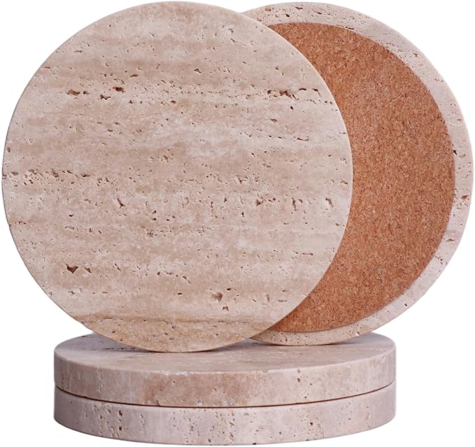 Travertine Stone Coasters, Round 4", Set of 4 | Drink Coasters, Housewarming Desktop Protection, Suitable for Various Cups, Sturdy and Durable, Aesthetics