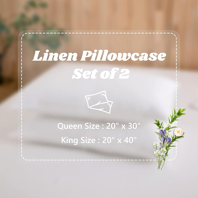 Linen World French Linen Pillowcase Set of 2 - Stone Washed,Moisture-Absorbing - Queen Size (20''x30''),White