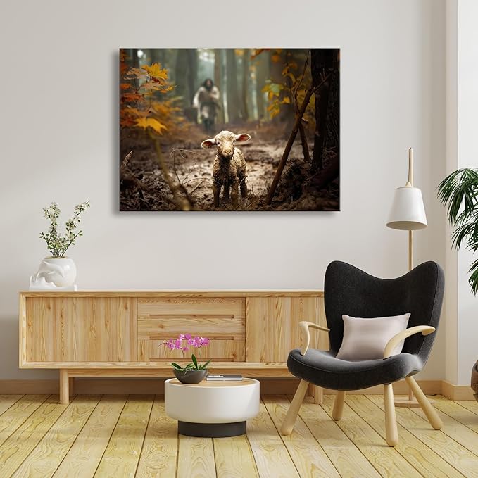 Ploceiny Extra large christian wall art for living room decor Jesus and Lamb canvas wall prints Jesus Running After Lost Lamb Picture for home decor,Religious wall decor for prayer room.A-417 (45"X30")