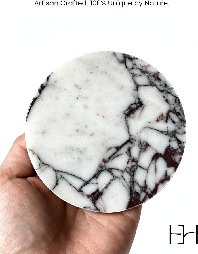 4" Round Calacatta Viola Marble Coasters Set of 4 for Coffee Table | Real Natural Stone Coasters, Non Slip Cork Backing, Modern Living Room and Office Desk Decor, Housewarming Gift