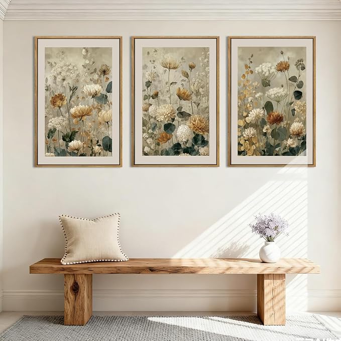 Anyzal Large Neutral Wildflower Farmhouse Framed Wall Art 16x24 Inch Vintage Floral Canvas Wall Decor Olive Botanical Art Prints for Living Room Bedroom Dining room