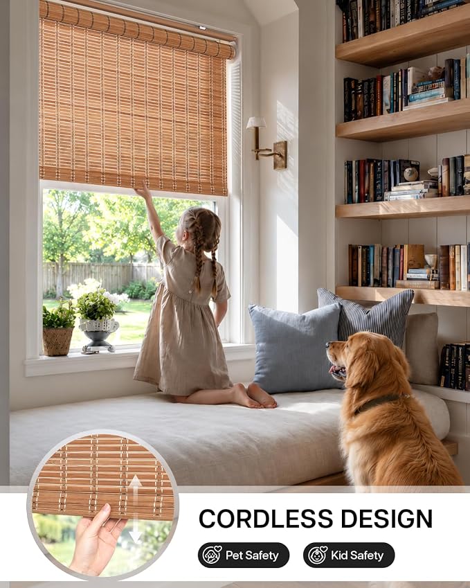 LazBlinds Cordless Bamboo Roller Shades, 67" W x 70" H, Brown206 | Natural Light Filtering Bamboo Window Blinds, Bamboo Roll Up Shades for Bedroom Living Room Office Indoor