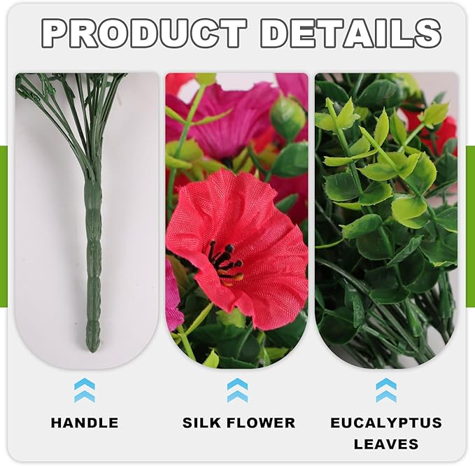 Fake Artificial Hanging Morning Glory Flowers for Outdoor Planters Porch Pation Decoration,2 Bundles UV Resistant Silk Faux Flowers with Realistic Eucalyptus Plants for Home Office Garden Decor