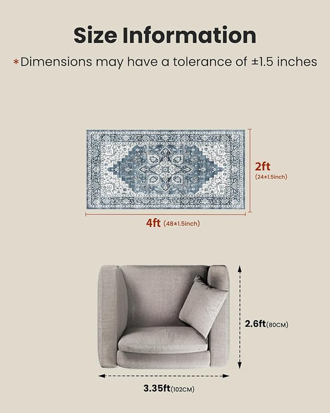 AMADA HOMEFURNISHING Round 4ft Area Rugs, Low-Profile Washable Rug with Non-Slip Backing & Durable Edge Binding, Vintage Rugs for Living Room, Bedroom, Dinning Room