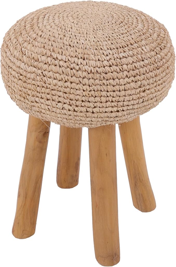 NORDIC STYLE TEAK Kuta Natural Teak Wood Indoor Branch Stool and Accent Seat with Raffia Seat - 18.5"