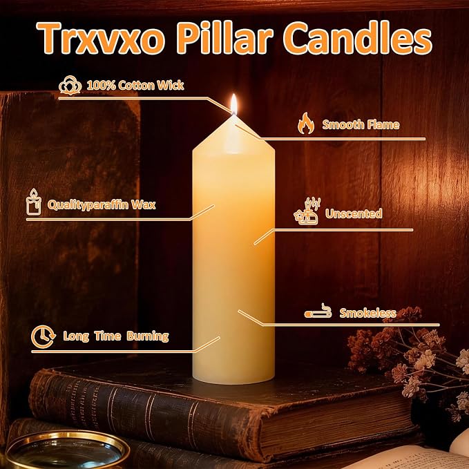 72 Pcs Ivory Pillar Candles Bulk Set: 2-Inch Wide in 3 Heights (3, 4, 6 Inch). Dripless Unscented Smokeless Hurricane Candles for Wedding, Party, Event Decor to Create Warm Elegant Atmosphere.