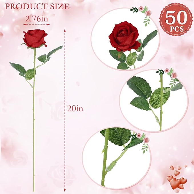 Hananona 50 Pcs Artificial Roses in Bulk, Fake Silk Red Roses Realistic Roses for Wedding Centerpieces Flower Arrangement Home Decor (50, Red)