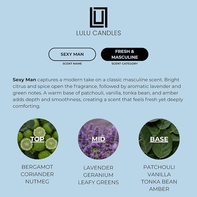 Lulu Candles | Sexy Man | Luxury Scented Soy Jar Candle | Hand Poured in The USA | Highly Scented & Long Lasting (9 Oz.)