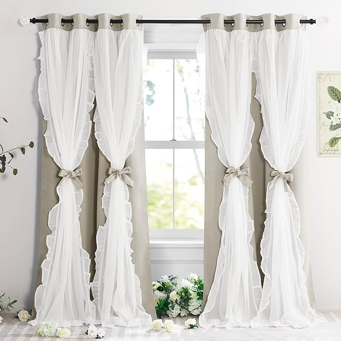 PONY DANCE Girls Curtains for Bedroom Decorative Drapes for Kids Double Layer Curtain Ruffle Sheer Overlay Room Darkening Pretty Chic Princess, 52x84 inch, Cream, 2 PCs