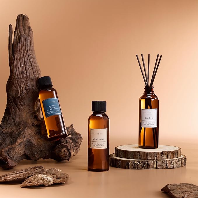 COCORRÍNA Reed Diffuser Refill Set, 10.2oz Scented Oil Refill 3 Pack, Clean Linen, Cashmere Vanilla, Gardenia, Long Lasting Oil Diffuser Refill with 18 Sticks for Bathroom & Bedroom