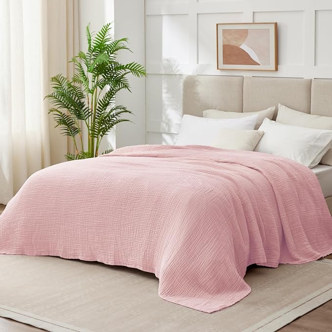 100% Cotton Muslin Blanket King 108" x 90", 6 Layers Breathable and Lightweight Cotton Throw Blankets for Bed, Soft Cooling Summer Gauze Blanket for Adults All Season, Dusty Rose‌