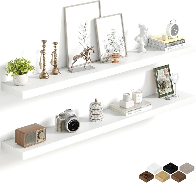 Fun Memories 55Inch Long Floating Shelves, 8 Inch Deep Shelves for Bedroom|Living Room, Wall Mounted Wood Hanging Shelf with Invisible Brackets for Fireplace Mantel Home Storage Decor, White - 2 Pack