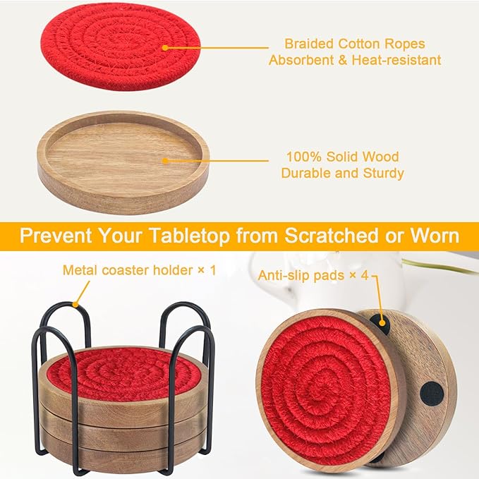 Eykao Coasters for Drinks Absorbent Sets of 5, Woven Coasters with Holder, Housewarming Gift for Farmhouse Home Decor, 4 inches (Red)