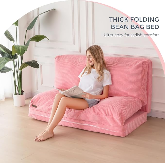 MAXYOYO Folding Sofa Bed, Extra Thick and Long Floor Sofa Convertible Chair with Washable Cover, Floor Couch Lounge Bean Bag Bed for Living Room, Pink, 30x91 Inch