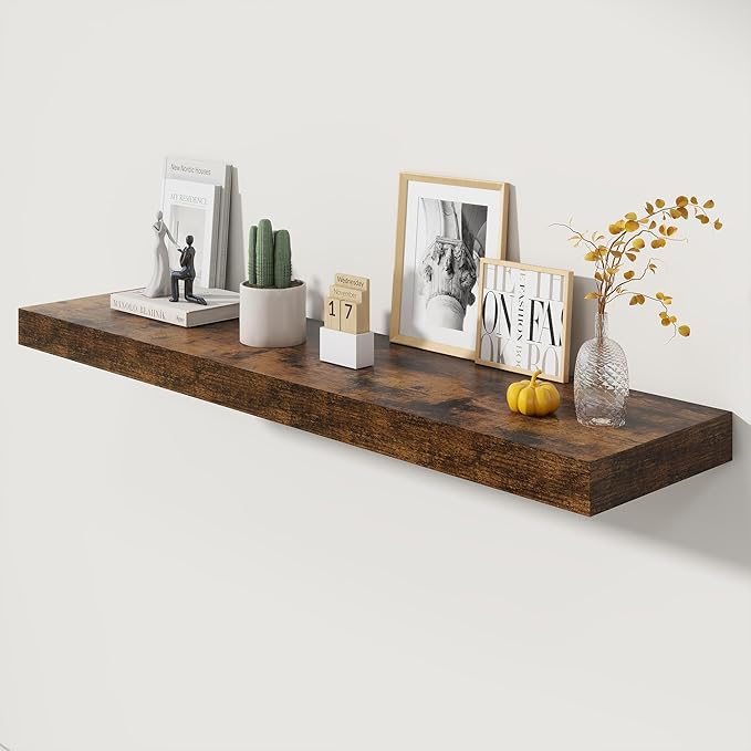 FLYJOE 48 Inch Floating Shelves | 12 Inch Deep Floating Shelves Set of 1 | 48" W x 12" D Rustic Brown Wood Wall Shelves for Bathroom Living Room Kitchen Laundry Room