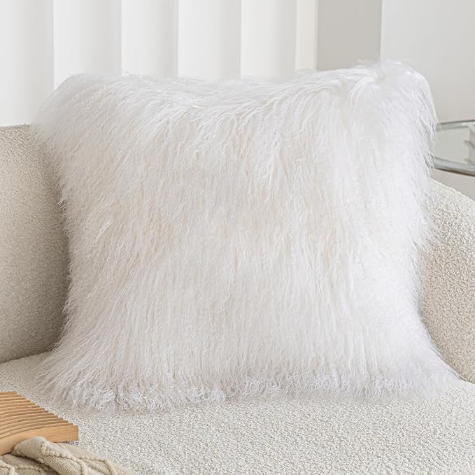 Real 100% Tibetan Mongolian Lamb Sheepskin Wool Fur Throw Pillow Covers White 24x24 Inch, Super Soft Plush Leather Accent Pillowcase Decorative Cushion Cover for Living Room Bedroom