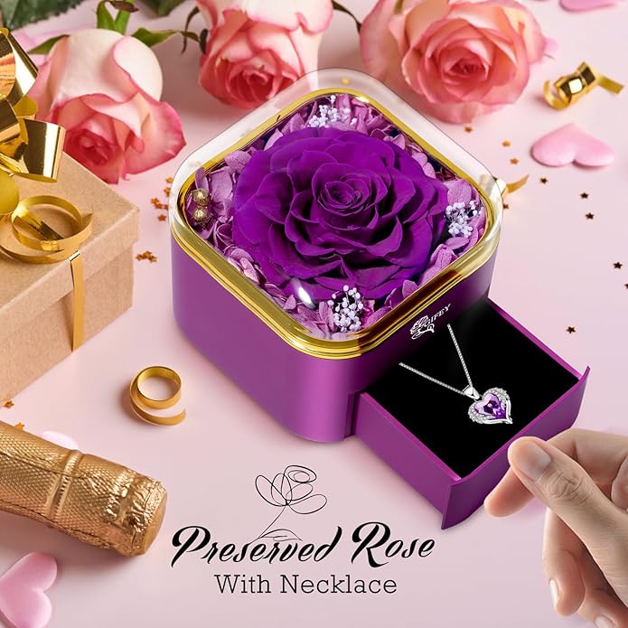 Valentines Day Gifts for Her - Preserved Real Blue Rose with Heart Necklace, Forever Flowers Gifts for Mom Grandma Wife Girlfriend at Christmas, Valentines, Mothers Day, Anniversary or Birthday Gifts for Women to Send Love