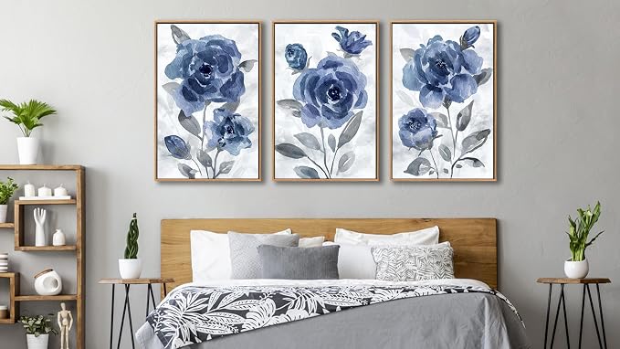 Large Framed Canvas Wall Art - Natural Float Framed Modern Indigo Flowers Pictures Decor Dark Blue Floral Grey Leaves Artwork for Bedroom Living Room Kitchen Home Office Decoration 72" X 36" Set of 3