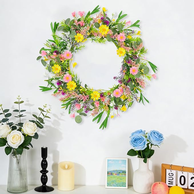 2Pcs 20 Inch Artificial Spring Wreath Handmade Wildflower Daisy Lavender Wreath Colorful Spring Wreath for Front Door Home Wall Porch Farmhouse