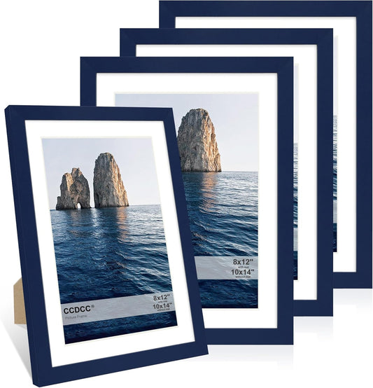 10x14 Picture Frame Set of 4, 10 x 14 Wood Photo Frames with Mat for 8x12 or 30x40cm Diamond Painting Art, Wooden Frame with Real Glass Cover for Wall and Tabletop Display,Blue
