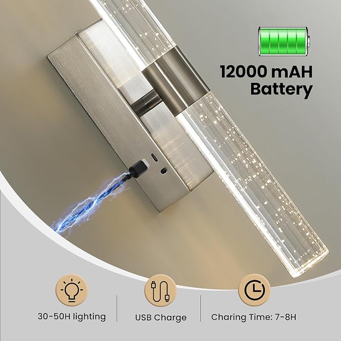 Battery Operated Wall Sconces Set of Two - Rechargeable Wireless Nickel Sconces with 12000mAh Remote Control Modern Crystal Wall Lights Cordless Wall Lamps for Bedroom Living Room Bathroom