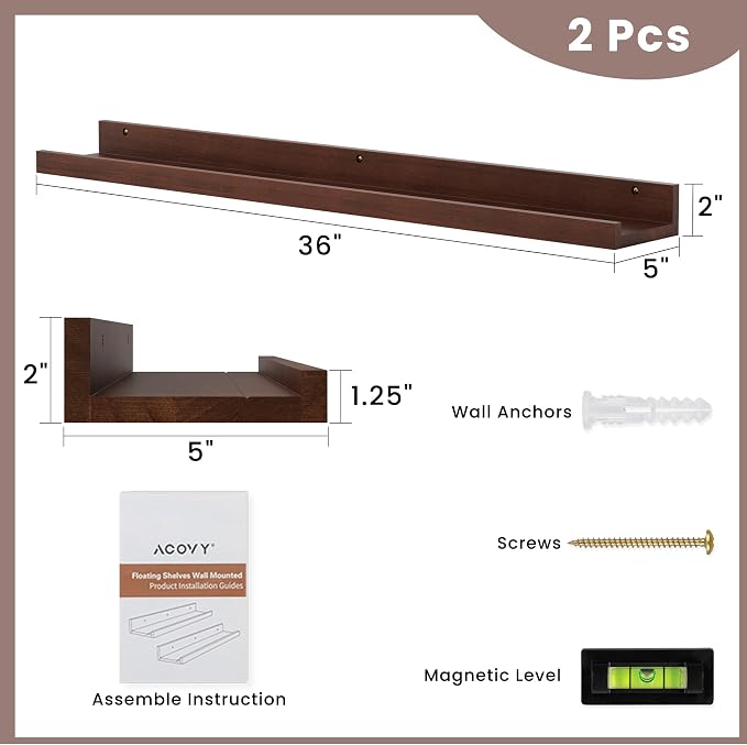 Acovy Floating Shelves for Wall, 36 inch Solid Wood Picture Ledge Shelf, Picture Shelf for Wall with Ledge, Floating Book Shelves for Living Room Bedroom Kitchen Nursery Decor, Walnut, Set of 2