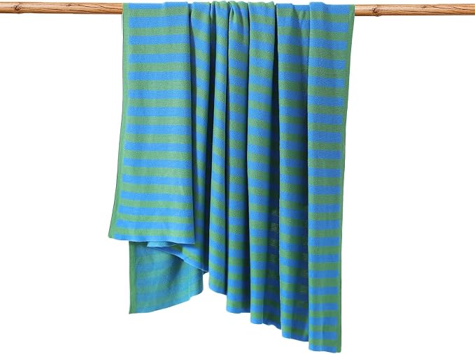 BOV Knit Thin Blankets for Summer - 100% Viscose Super Soft Breathable Decorative Throw Blanket for Chair Couch Sofa Bed, Perfect Self Care Gifts for Women & Men, Kelly Green & Cobalt Stripe 50"x60"