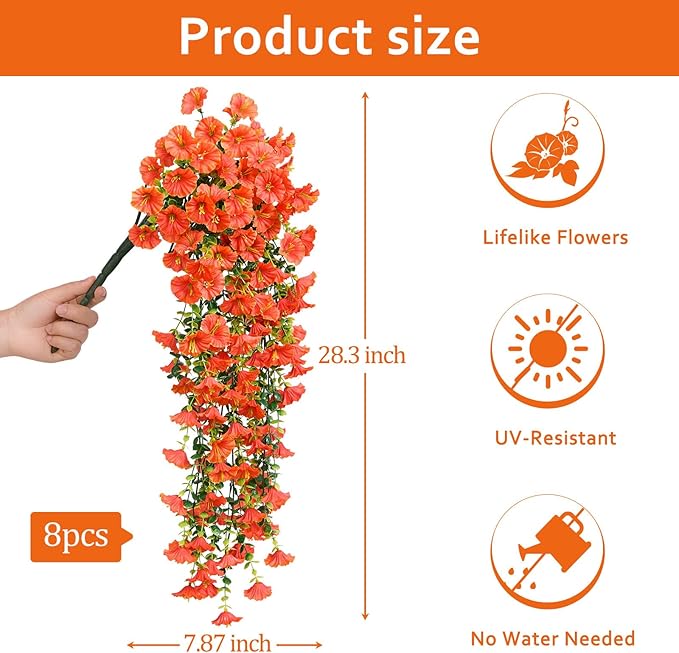 Serwalin Artificial Hanging Flowers for Outdoors Decoration, 8PCS UV Realistic Resistant Silk Artificial Fake Plants Outdoor for Porch Patio Balcony Planter Garden Yard Decor (Orange,8PCS)