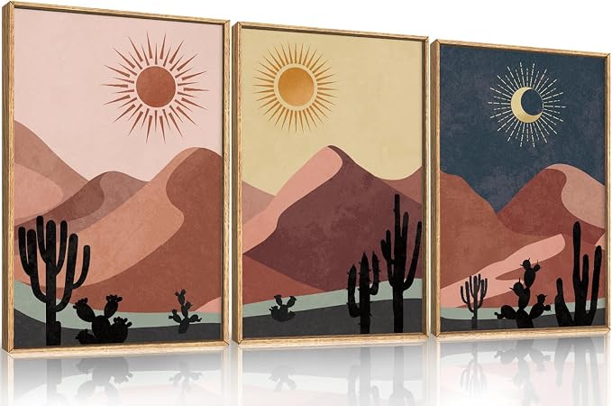 HPNIUB Boho Desert Framed Canvas Wall Art Set, Abstract Sun and Moon Wall Decor, Modern Cactus Art Prints, Mid Century Southwestern Landscape Artwork for Living Room, Bedroom, Office-16''x24''x3