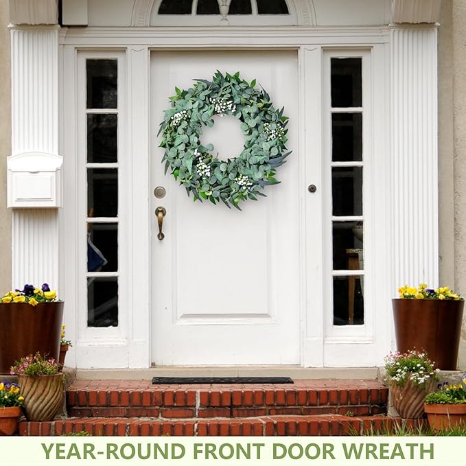 Eucalyptus Wreath for Front Door All Seasons, 20-22" Spring Summer Silk Greenery Wreath for Porch Wall, Artificial Farmhouse Home Decor for Indoor Outdoor