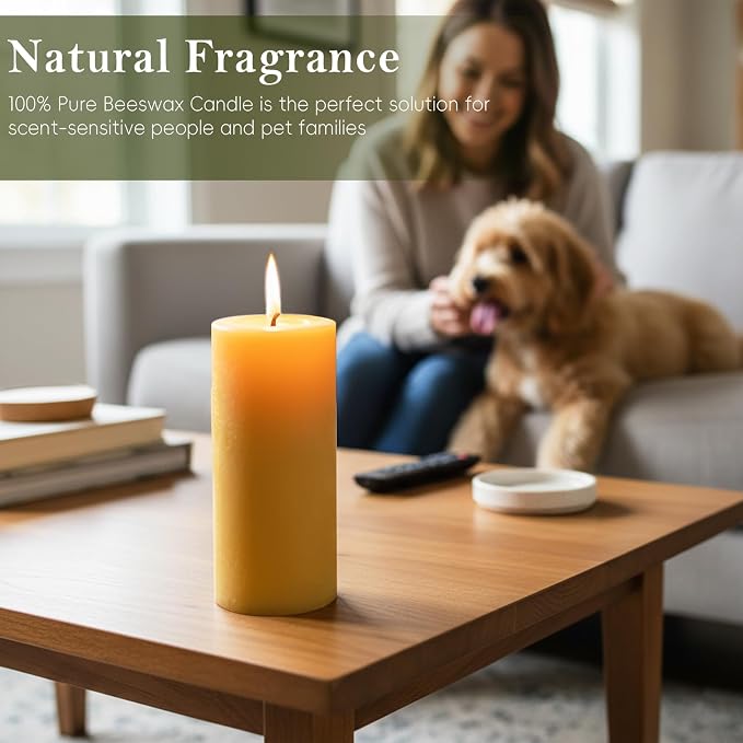 6 Packs 2x5 Inch Beeswax Candles, Natural Beeswax Pillar Candles with 52 Hours Burn Time, Organic Emergency Candle Long Burning for Home Decor, Gift Sending, Smokeless & Dripless