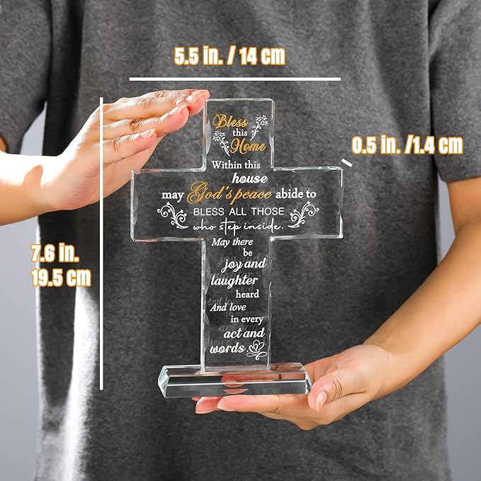 Ornalrist Housewarming Gifts New Home Glass Stand Cross Religious Keepsake, House Warming Gift for Couples, Women, Men - Christian Families Decor