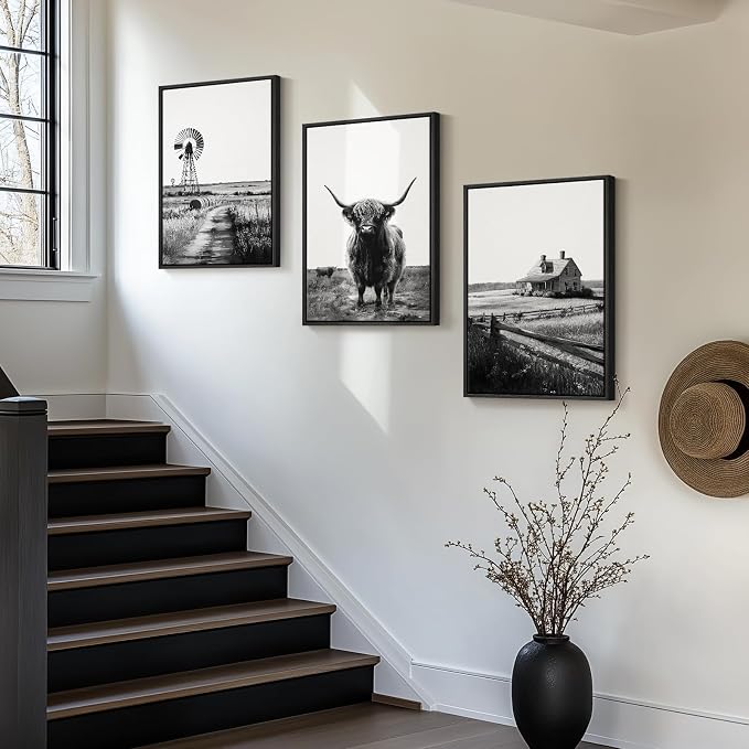 Framed Highland Cow Wall Art for Living Room, 3 Piece Black and White Farmhouse Canvas Artwork for Walls, Vintage Rustic Barn Western Farm Picture Prints for Bedroom Dining HallWay Wall Decor 16x24 In