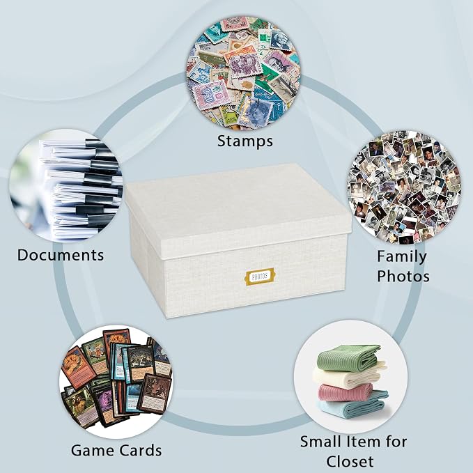 Decorative Photo Storage Box - Linen Photo Box Organizer with Dividers, Fits Holds Up to 1700 Pictures and 5x7 Photos, Memory Keepsake Organizer for Photos, Scrapbook Supplies, Cards, Stamps (Beige)