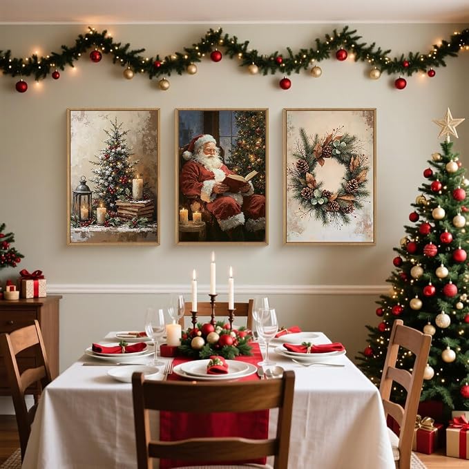 HOURIA Vintage Christmas Tree Santa Claus Framed Canvas Wall Art Set,Rustic Pinecone Wreath Berries Wall Decor,Retro Winter Cozy Night Candle Light Artwork for Living Room,Xmas 24 x36 x3