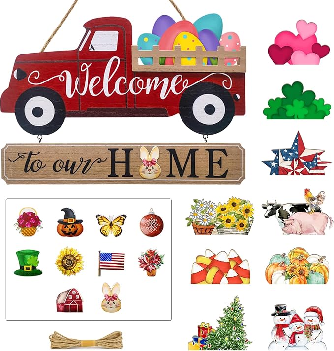 Winder 20Pcs Interchangeable Welcome Sign for Front Door,Seasonal Red Truck Decor Hanging Sign for Valentines,Easter, Independence Day,Halloween,Christmas Home Decor,Housewarming Gift