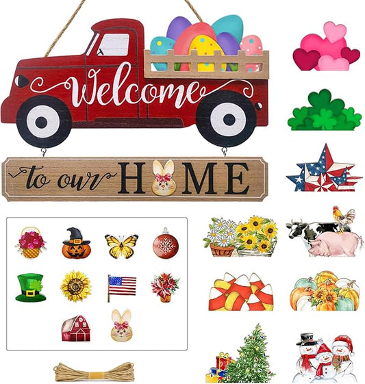 Winder 20Pcs Interchangeable Welcome Sign for Front Door,Seasonal Red Truck Decor Hanging Sign for Valentines,Easter, Independence Day,Halloween,Christmas Home Decor,Housewarming Gift