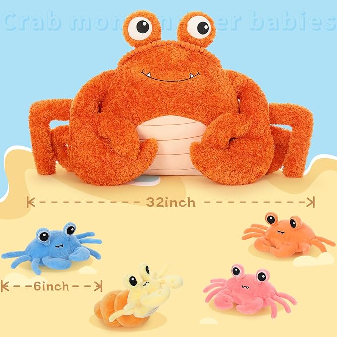 MorisMos 5 Pcs Crab Plush Stuffed Animal, 32inch Large Mommy Crab with 4 Babies, Crabs Stuffed Plushies Gift for Girls Boys Kids